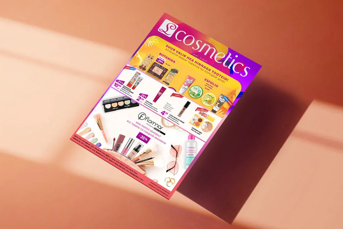 An example of a vibrant cosmetics retail flyer, showcasing editorial design and layout for beauty product promotions.