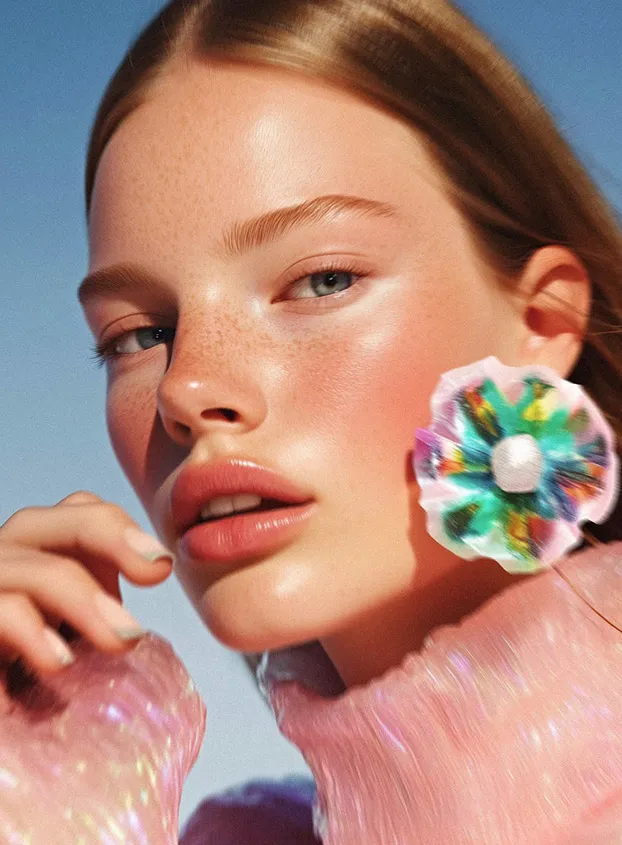 Close-up of a model with glowing, natural-looking skin, ideal for showcasing branding for clean beauty and skincare lines.