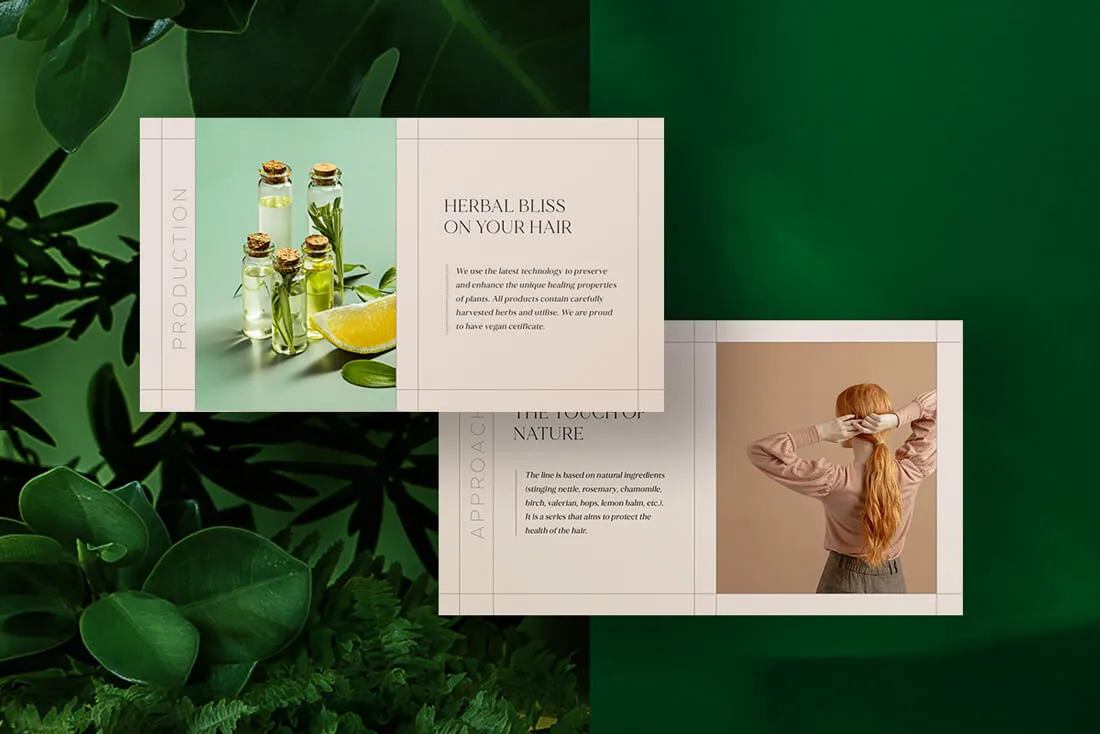 A brand presentation for a herbal haircare line, showing mood board concepts for production and brand approach, focused on natural ingredients."