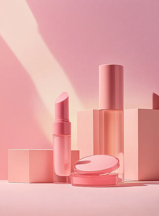 A lineup of monochrome pink cosmetic products, including lipstick and foundation, demonstrating a modern and cohesive beauty branding strategy.