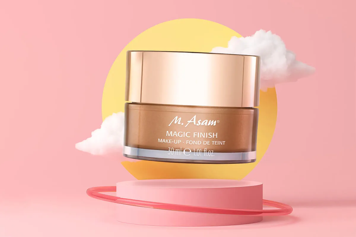 Social media graphic design for a skincare and cosmetics brand, showcasing a makeup product in a playful, stylized setting for digital marketing campaigns